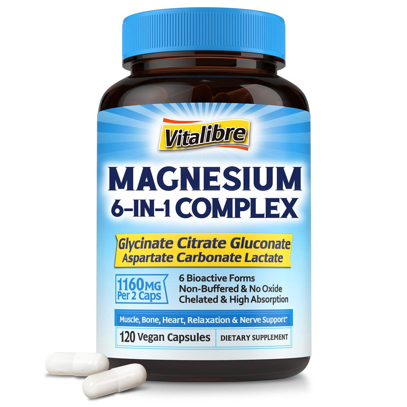 Vitalibre Iron Complex Supplement 60 Capsules & 6 in 1 Magnesium Complex Supplement 120 Capsules, Non-GMO, Gluten Free