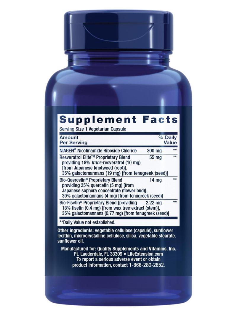Life Extension NAD+ Cell Regenerator™ and Resveratrol Elite™*, nicotinamide riboside, Trans-resveratrol, quercetin, Fisetin, Heart Health, Healthy Aging, Vegetarian, Non-GMO, Gluten Free, 30 Capsules 30 Count (Pack of 1) Nutritional Supplement