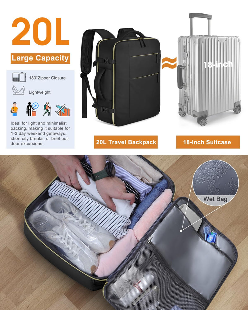 29L Expandable Travel bag with Toiletry Bag(20 inch)+Matching 25L Black Travel Backpack (17 inch)