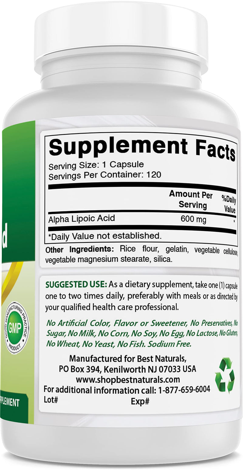 Best Naturals Alpha Liopic Acid 600 mg 120 Capsules - ALA Alpha Lipoic Acid Powerful Antioxidant (120 Count (Pack of 3))