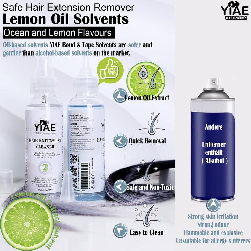 [Australia] - Tape in Extension Remover & Adhesive Residue Cleaner Pro Kit, YIAE Extra Strong Lemon Oil Wig Tape and Adhesive Remover, Wig Glue Remover Tape in Remover Gentle on Skin (100+100 ml) 