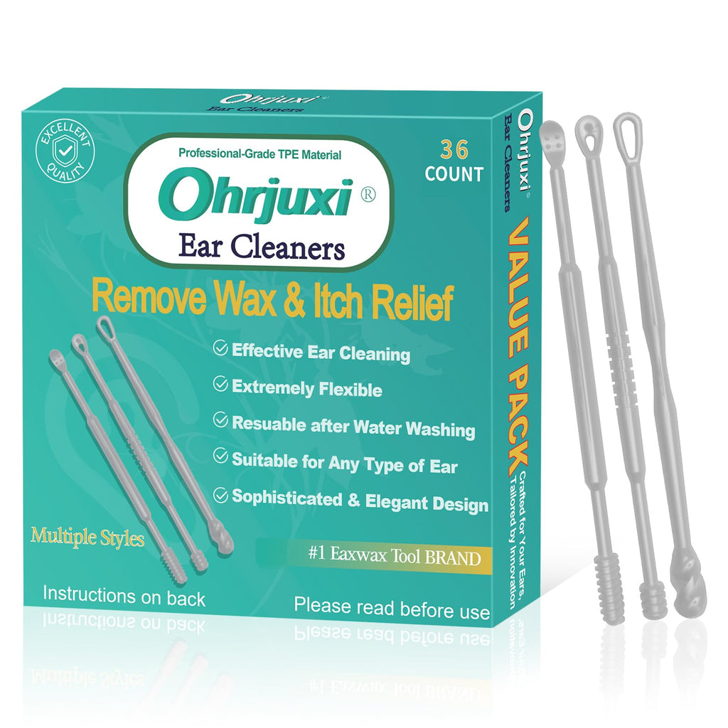 Ohrjuxi® Ear Wax Removal - 36 PCS Reusable Ear Cleaner, 3 Styles, Professional-Grade TPE, Effective & Gentle Ear Cleaning Kit, Clogged & Itch Ear Relief - Suitable for All Types of Ears 36-mixed