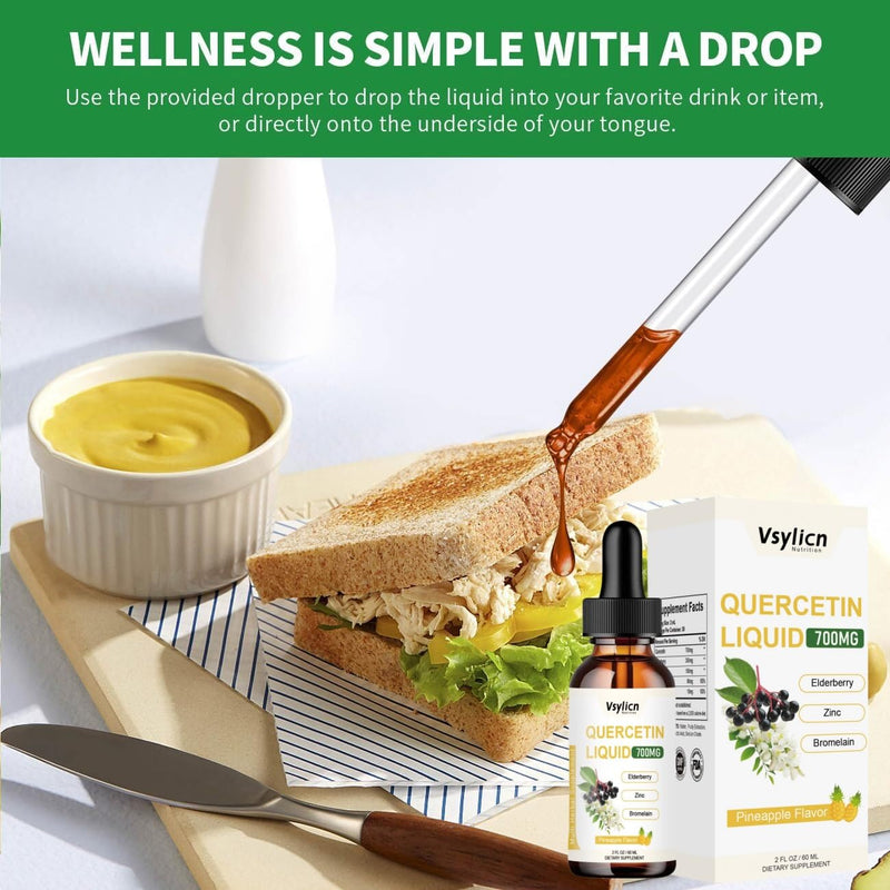 700mg Quercetin Liquid Drops - Quercetin Bromelain Supplements - 5 in 1 with Bromelain Elderberry Vitamin - 4X Stronger Than Pills & Capsules - Immunity Health Respiratory Health Skin Care - 60ml