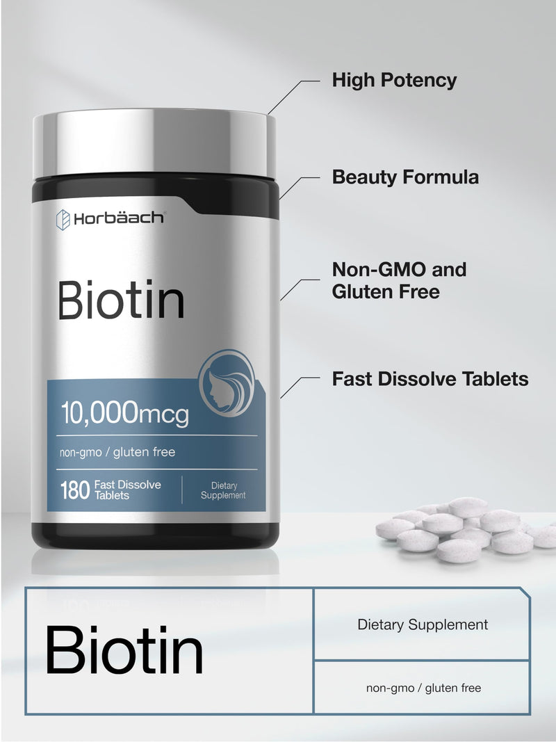 Horbäach Biotin 10000mcg | 180 Fast Dissolve Tablets | for Women & Men | Beauty Supplement | Vegetarian, Non-GMO, Gluten Free