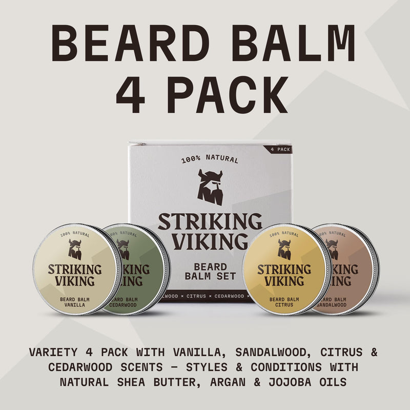 [Australia] - Striking Viking Beard Balm 4 Pack - Four 1 oz. Tin cans - beard balms sandalwood, cedar wood, vanilla & citrus fruits - beard growth products for strong beards - beard oil skin care 
