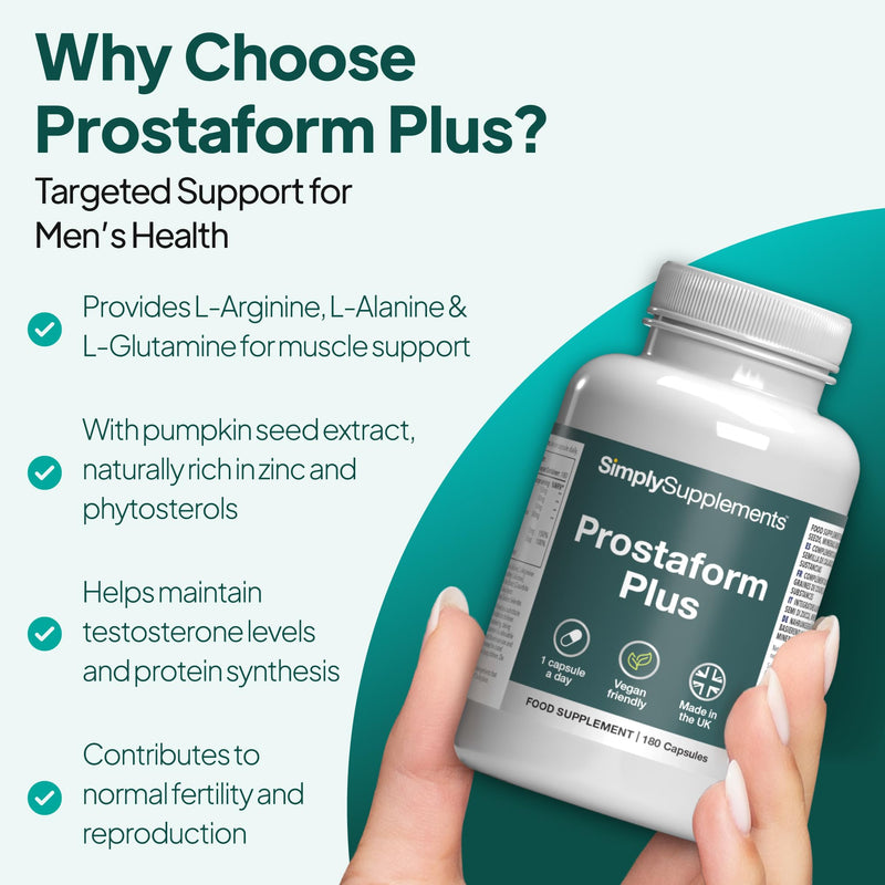 Prostaform Capsules with Pumpkin Seed, Zinc, L-Glutamine & L-Arginine HCL | Male Health, Prostate Function & Reproductive Health | 180 Capsules | Vegan Friendly | Made in The UK & GMP Certified Unflavoured 180 count (Pack of 1)