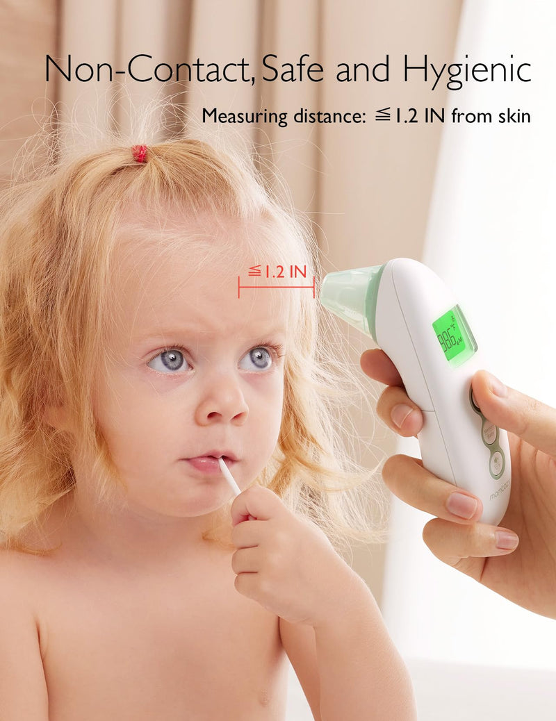 [Australia] - Momcozy Non-Contact Forehead and Ear Thermometer, Digital Infrared Thermometer for Adults and Children, with Child Mode, Fever Alarm Function, Mute and Memory Functions, Fast and Accurate Measurement Green 