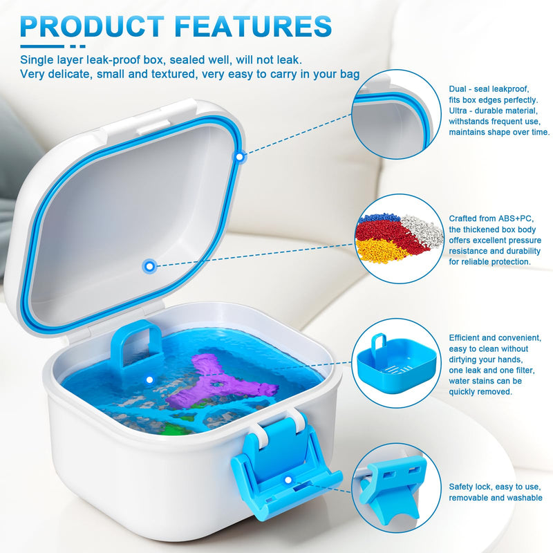 [Australia] - Leak Proof Denture Cup, Travel Denture Holder Case for Soaking Dentures, Portable False Teeth Container with Strainer, Retainer Cleaner Case, White + Blue. 