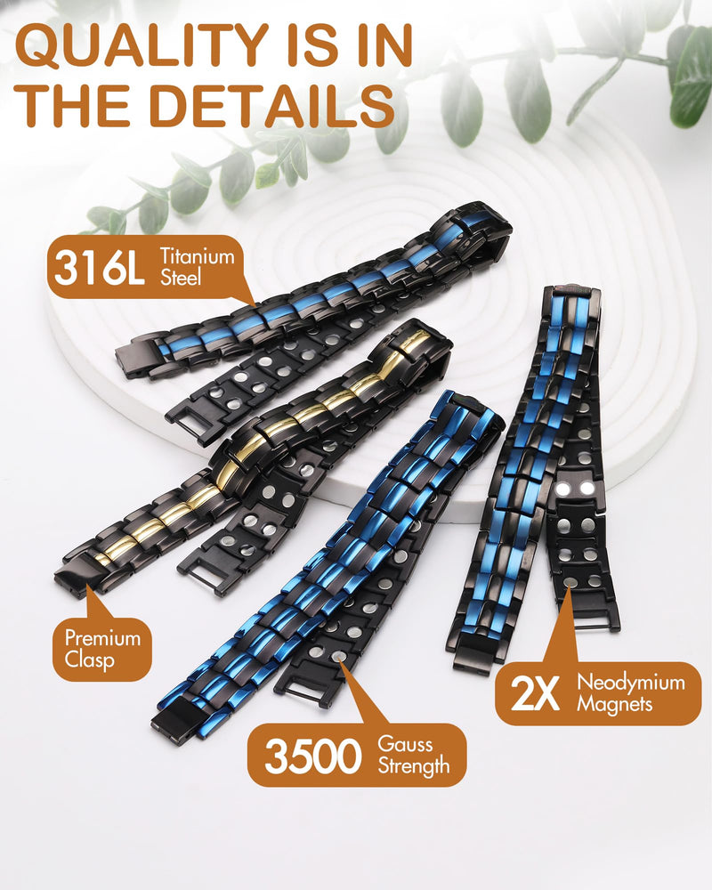 [Australia] - Feraco Magnetic Bracelet for Men Titanium Steel Magnetic Bracelet for Men with Double Row Magnets Adjustable (Black & Blue) Black & Blue 
