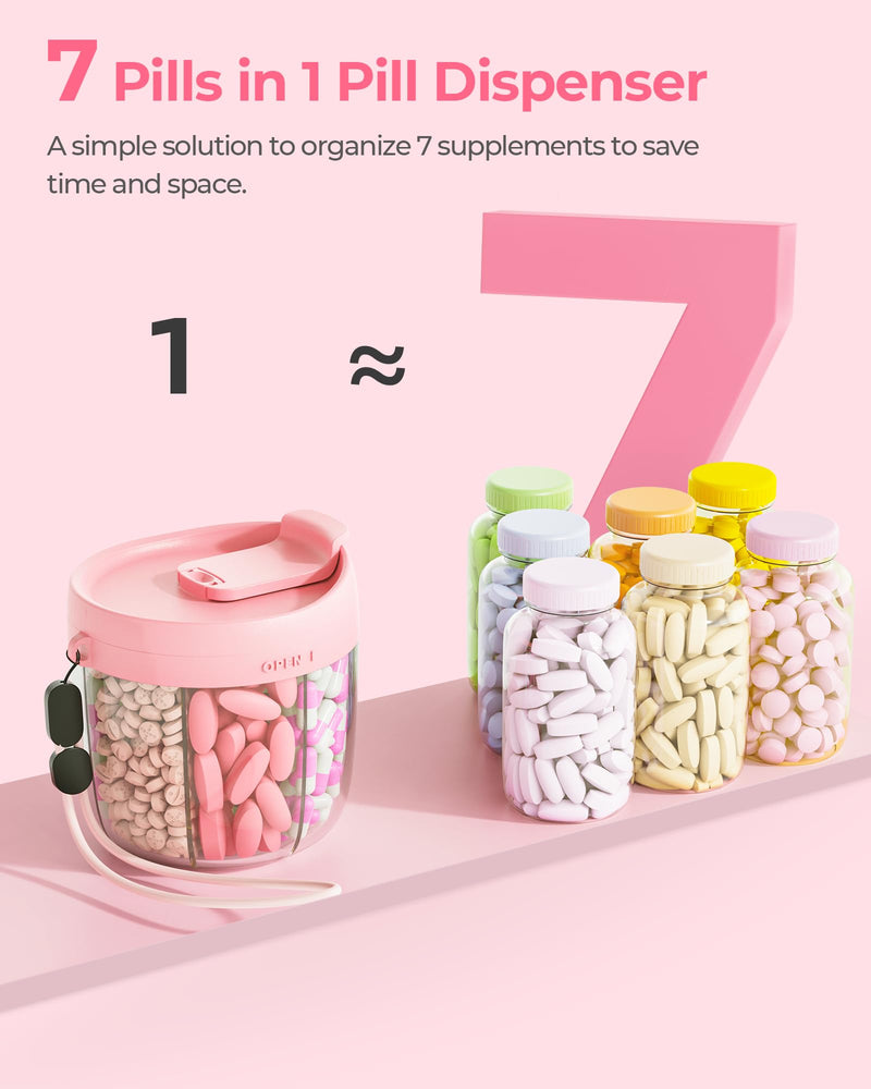 [Australia] - Cute Pill Dispenser with 7 Large Compartments, Portable Pill Bottle Organizer with Wide Opening for Easy Use, Anti-Mix Pill Organizer for Travel, BPA-Free Pill Container, Pink 