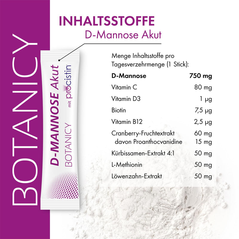 [Australia] - BOTANICY D-Mannose + Cranberry Acute - For cystitis & urinary tract infections - PROCISTIN® D-Mannose powder with cranberry extract - including dandelion, without artificial additives & genetic engineering, pack of 5 (60 sticks) 