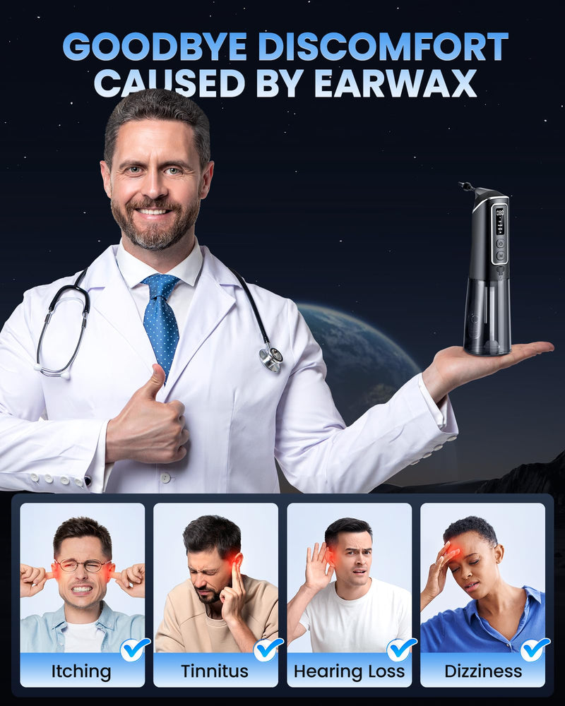 [Australia] - Ear Wax Removal, ONLYCARE FSA - HSA Eligible Earwax Removal Kit, Safe Ear Cleaner with Water Temp Sensor, Electric Ear Irrigation Flushing System, IPX7 Waterproof, USB Chargeable for Effective Clean Black 
