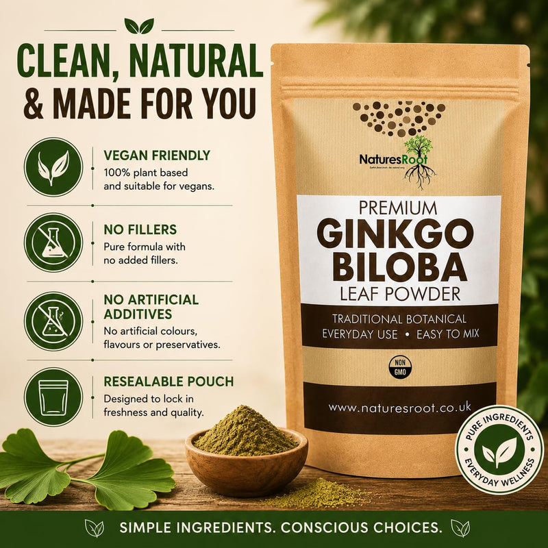 Nature’s Root Organic Ginkgo Biloba Powder 250g – Premium Botanical Leaf Powder – Vegan Herbal Supplement – Fine Milled Powder for Smoothies, Tea & Daily Wellness Routine 250 g (Pack of 1)