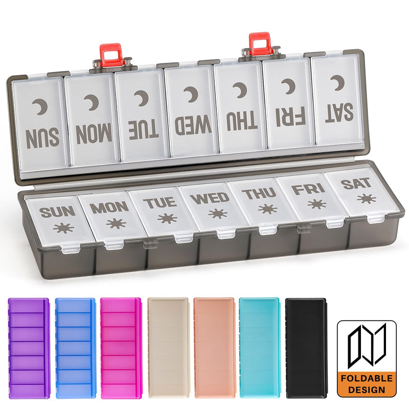 Foldable Pill Organizer 2 Times a Day w/Etched Labels -Dual Protection & Portable Weekly AM PM Pill Box, 7 Day Medicine Container, Large Travel Pill Case for Daily Supplement Vitamin -Clear Black Clear Black