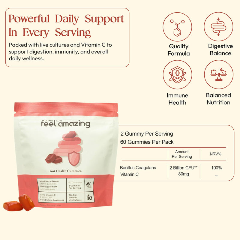 Feel Amazing Gut Health Probiotic Gummies - with 1 Billion Live Cultures & Vitamin C - 60 Orange-Flavoured Gummies - 1 Month Supply