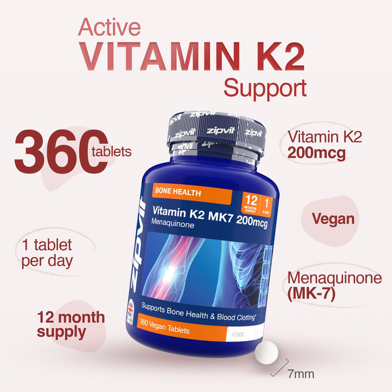 Zipvit Vitamin K2 MK7 200mcg, High Strength K2 Vitamin Supplement, Supports Heart & Bone Health, 360 Vegan Tablets, 12 Months Supply 360 Tablets