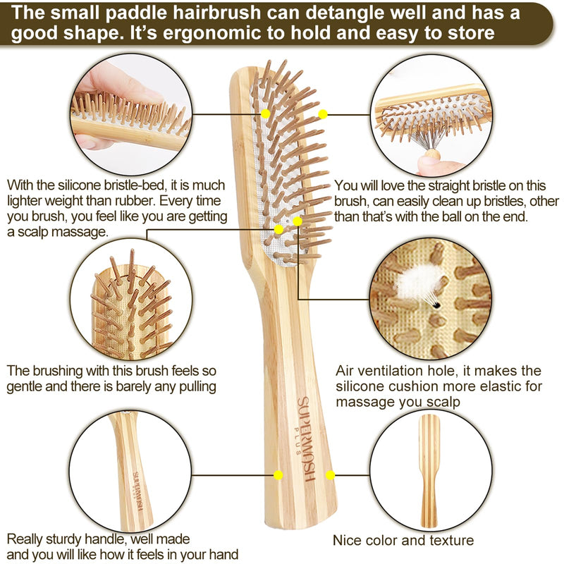 Bamboo Hair Brush Comb Set for Women Men, Wood Bristle Paddle Detangling Brush, Wide Tooth Comb for Curly Wavy Thick Thin Wet Dry Hair, Brush Cleaning Tool Included - 4 Pack Bamboo hairbrush and comb set