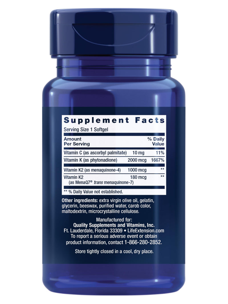 Life Extension Super K, Vitamin K Supplement, 2000 Mcg Vitamin K and 1180 Mcg Vitamin K2, Heart Health, Once-Daily, 90 Softgels | Vitamin K1, K2 MK-7 & K2 MK-4 for Heart & Arterial Health and Calcium Balance; 3-Month Supply, 1 Daily, Gluten-Free & Non-...