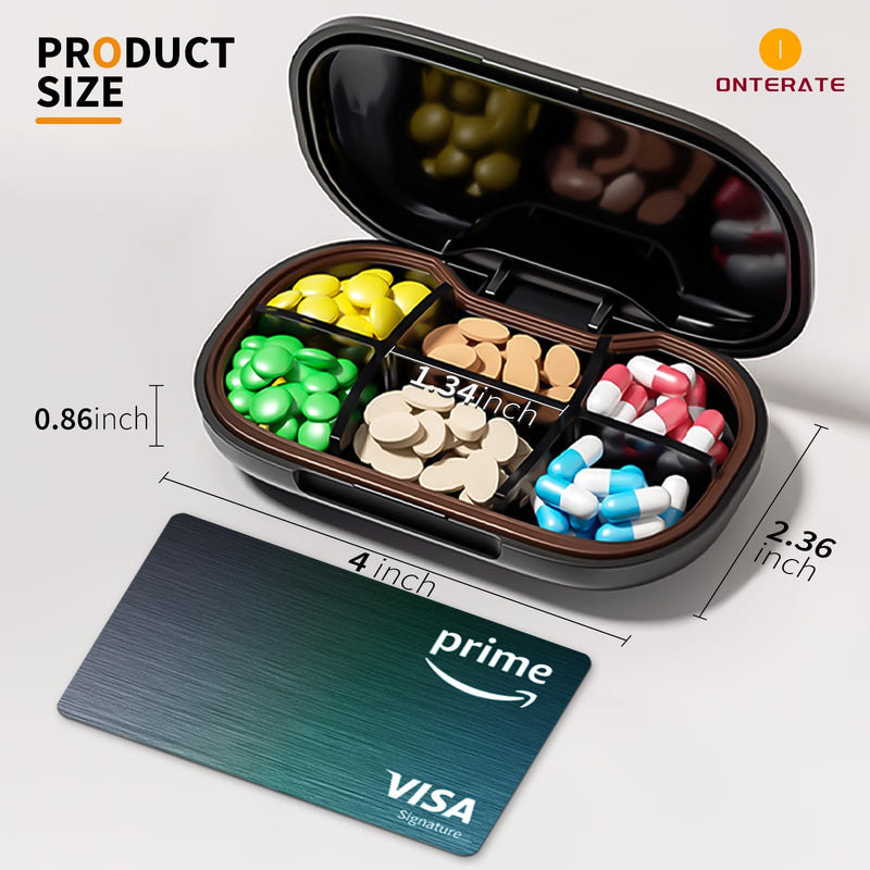 ONTERATE Small Pill Box, 6 Compartments Small Pill Case for Purse Pocket, Removable Divider Travel Pill Organizer, Moisture Proof Portable Mini Pill Container Medicine Organizer for Vitamins (Black) Black