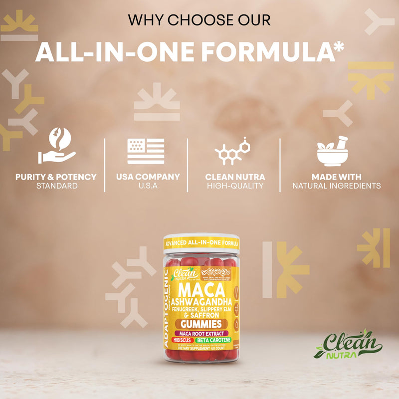Clean Nutra Maca Root Gummies Ashwagandha Fenugreek Slippery Elm Saffron Hibiscus Beta Carotene Vitamin A for Women Macaroot Extract 60 Gummies Vegan Adaptogen Supplement Gummy Non GMO