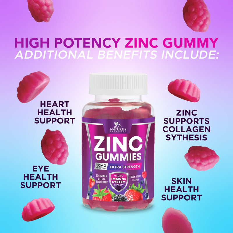 Zinc Gummies - 50mg Zinc Per Serving Immune Skin & Bone Support Health Gummy - Premium Antioxidant Chewable, High Absorption Vegan, Best Supplements Vitamin for Adults, Tasty Berry Flavor, 60 Gummies 60 Count (Pack of 1)