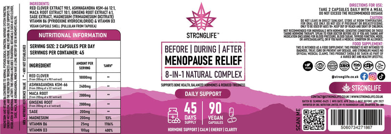 Menopause Support Capsules – Before, During & After – Red Clover, Ashwagandha, Maca, Ginseng, Sage, Magnesium, B6, D3 – 90 Capsules (45-Day Supply)
