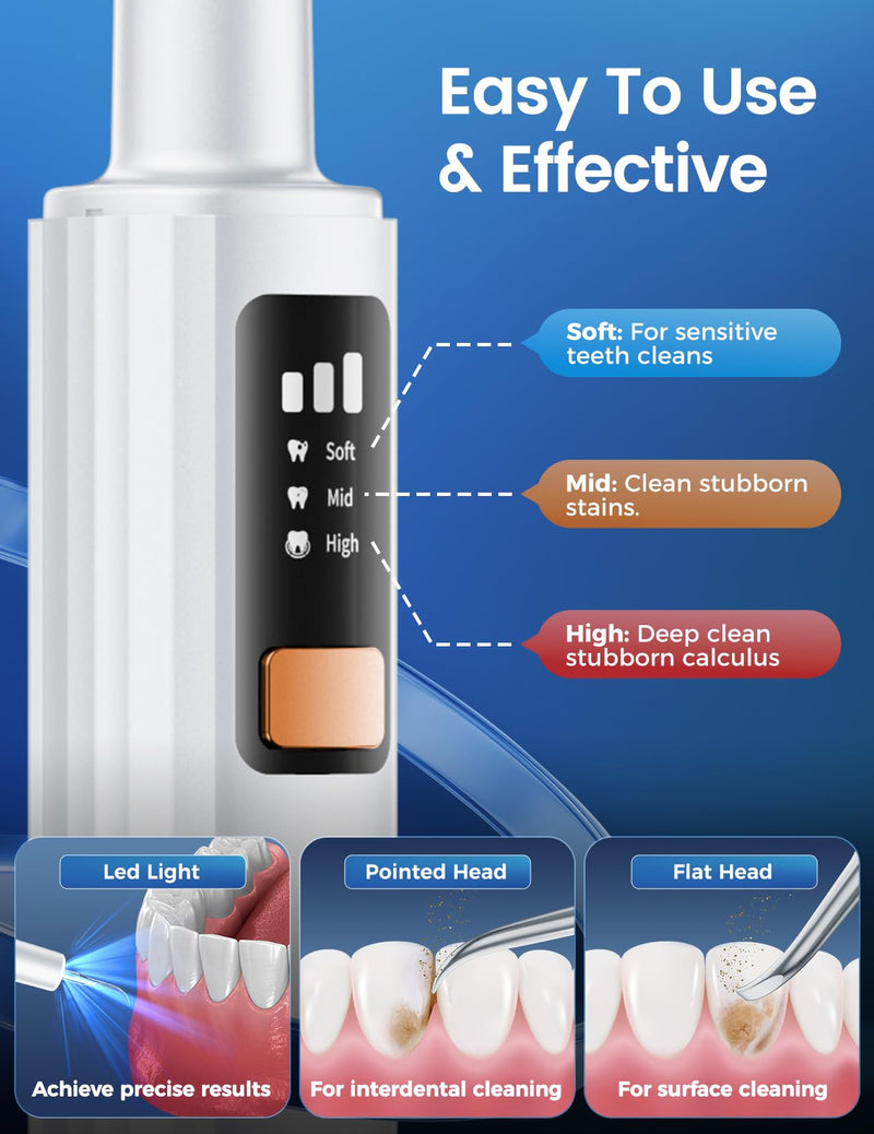 [Australia] - Plaque Remover for Teeth, Tartar Remover for Teeth with 3 Modes & Tongue Cleaner – Rechargeable Teeth Cleaning Kit with LED Light, Portable, Includes 2 Replacement Heads 