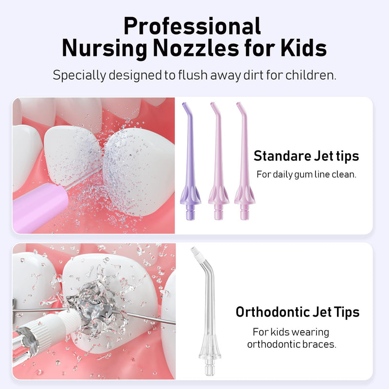 [Australia] - COSLUS Kids Water Dental Flosser Deep Cleaning Picks, Portable, 4 Modes for Ages 6+ Safe Waterproof Flosser Rechargeable with 4 Jet Tips for Gums Care F5023 Pink Purple 
