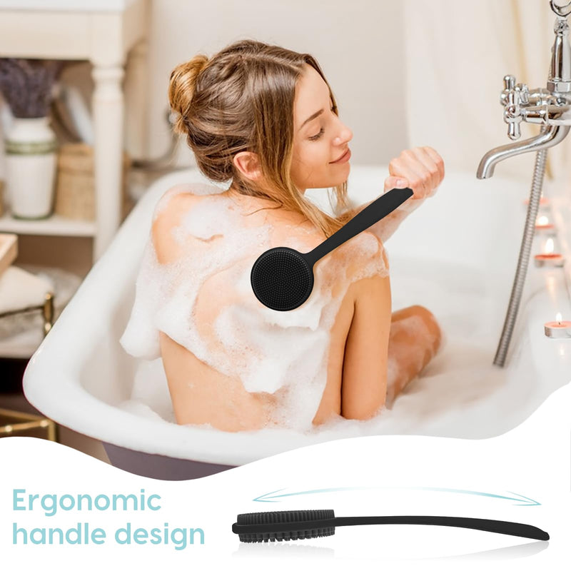 Silicone Back Scrubber for Shower, New Update Bath Body Double Sided Brush with Long Handle for Shower Exfoliating and Massage Can Produce More Rich Foam for Men and Women Black