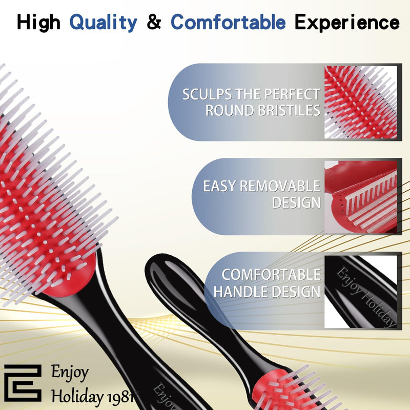 2 PCS Hair Brush for Women Men Curly Wet or Dry Hair 9 Row 5 Row Classic Styling Brushes for Natural Thick Hair, Blow Separating, Shaping Defining Detangling Curls Tools Travel Bristle Black Hairbrush Red 9 Row &5 Row