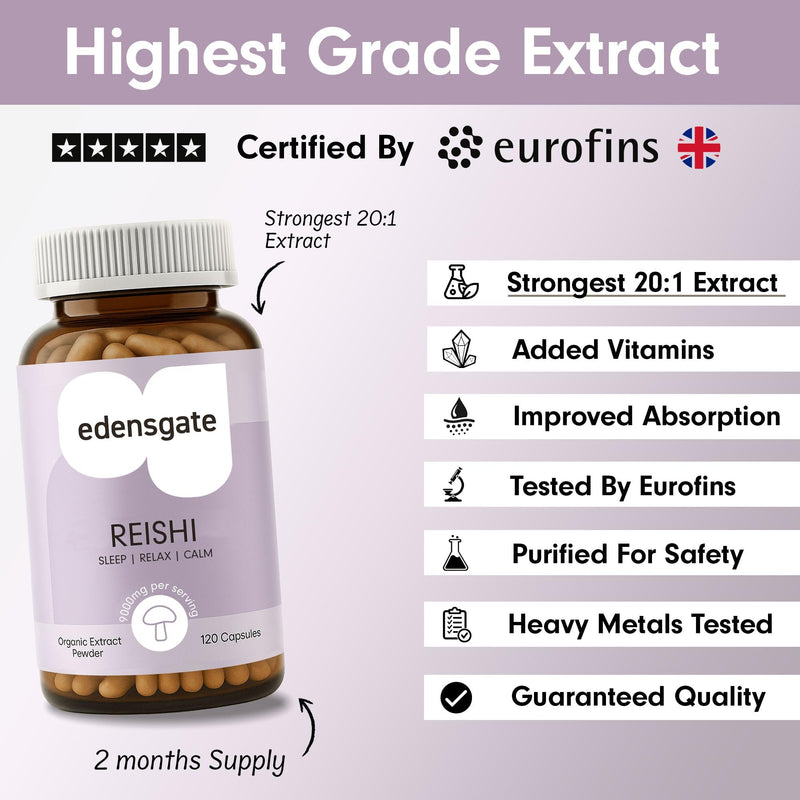 Edensgate Reishi Extract Capsules – Reishi Mushroom Supplement | Concentrated Extract Formula | Vegan Friendly | Daily Balance & Wellness Support | 120 Capsules Edensgate Reishi Extract Capsules x 120