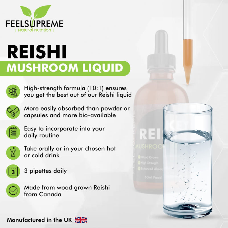 Reishi Mushroom Extract Liquid 60ml – 10:1 Dual Extract Full Fruiting Body Supplement – Immune Support, Sleep & Stress Support, Gut Health, Energy Levels – Antioxidant Tincture