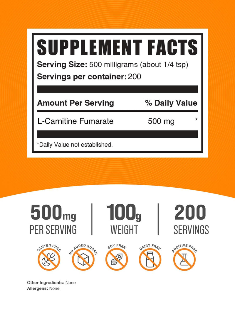 BulkSupplements.com L-Carnitine Fumarate Powder - Carnitine Supplement, Carnitine Powder, L-Carnitine 500mg - Gluten Free, 500mg per Serving, Gluten Free, 100g (3.5 oz) (Pack of 1) 200 Servings (Pack of 1)