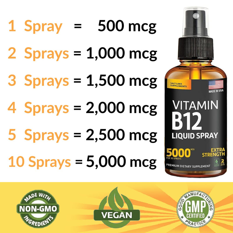 2 Pack Liquid B12 Spray 5000 mcg - Methylcobalamin Vitamin B12 Liquid | Boost Energy - Mood & Brain Health - Gluten-Free, Non-GMO B12 Spray for Men & Women - Easy Dosage (5000 mcg in 10 Sprays)