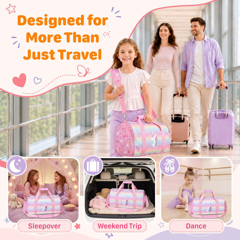 Kids Travel Duffle Bag - Weekender Bag for Girls 3-8 Year Olds | Dance Ballet Gym Overnight Bag with Adjustable Padded Strap, Dry&Wet and Shoe Area, Includes a Laundry Bag, Pink Unicorn 01 Pink Unicorn Medium-25L(Ages 3-8)