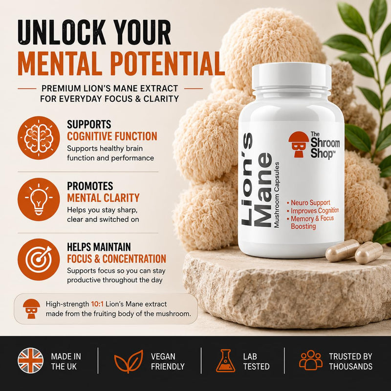 Lion's Mane Mushroom Capsules | 15,000mg Per Serving | 30% Polysaccharides | 10:1 Extract Ratio | 90 x 500mg Capsules | Vegan Friendly