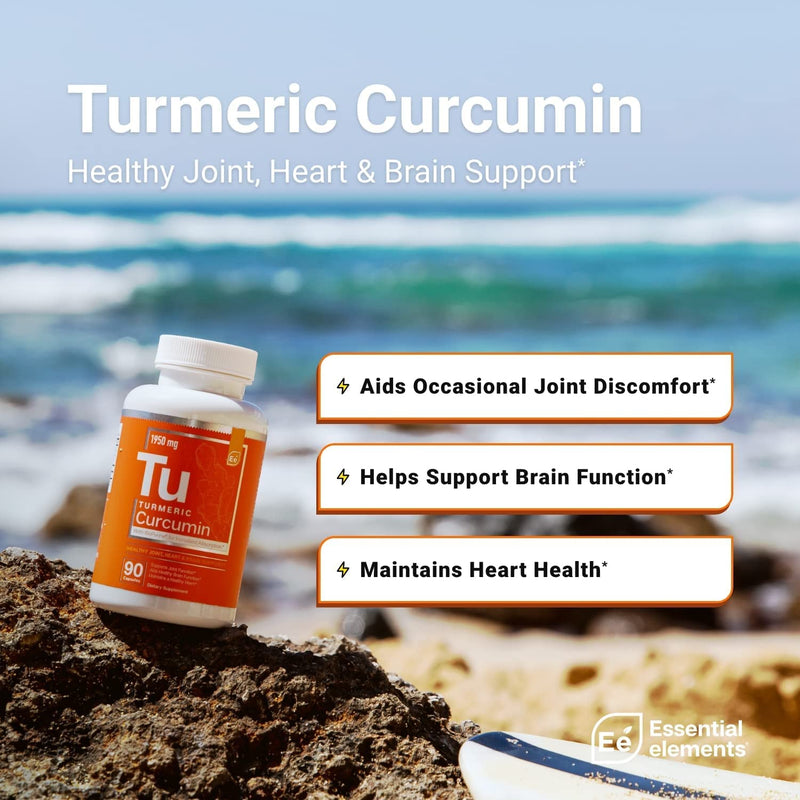 [Australia] - Essential Elements Turmeric Curcumin - Joint, Heart & Brain Support - with Bioperine for Increased Absorption 1950 mg - 90 Capsules 90 Count (Pack of 1) 