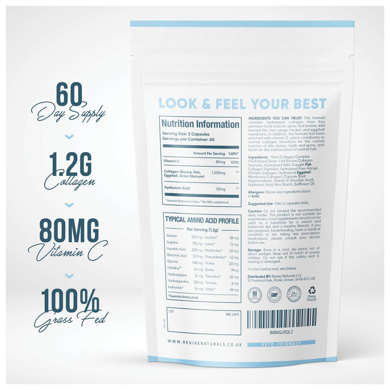 Revive Naturals Multi Collagen Protein Capsules - Types I, II, III, V & X - Hydrolysed Grass Fed Bovine, Wild Caught Marine & Free-Range Chicken, Made with Hyaluronic Acid & Vitamin C, 120 Caps