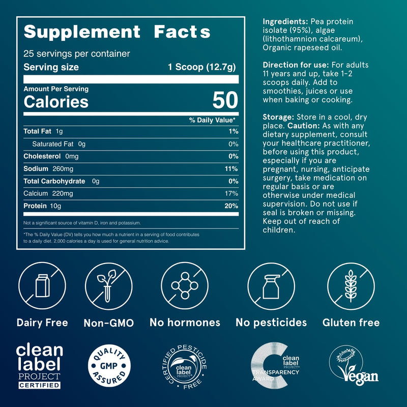 [Australia] - Puori Vegan Plant Protein Enhancer Powder - 25 Servings - Neutral Flavor Pea Protein with Algae Calcium for Essential Amino Acids - Dairy-Free, Vegetarian, Non GMO 