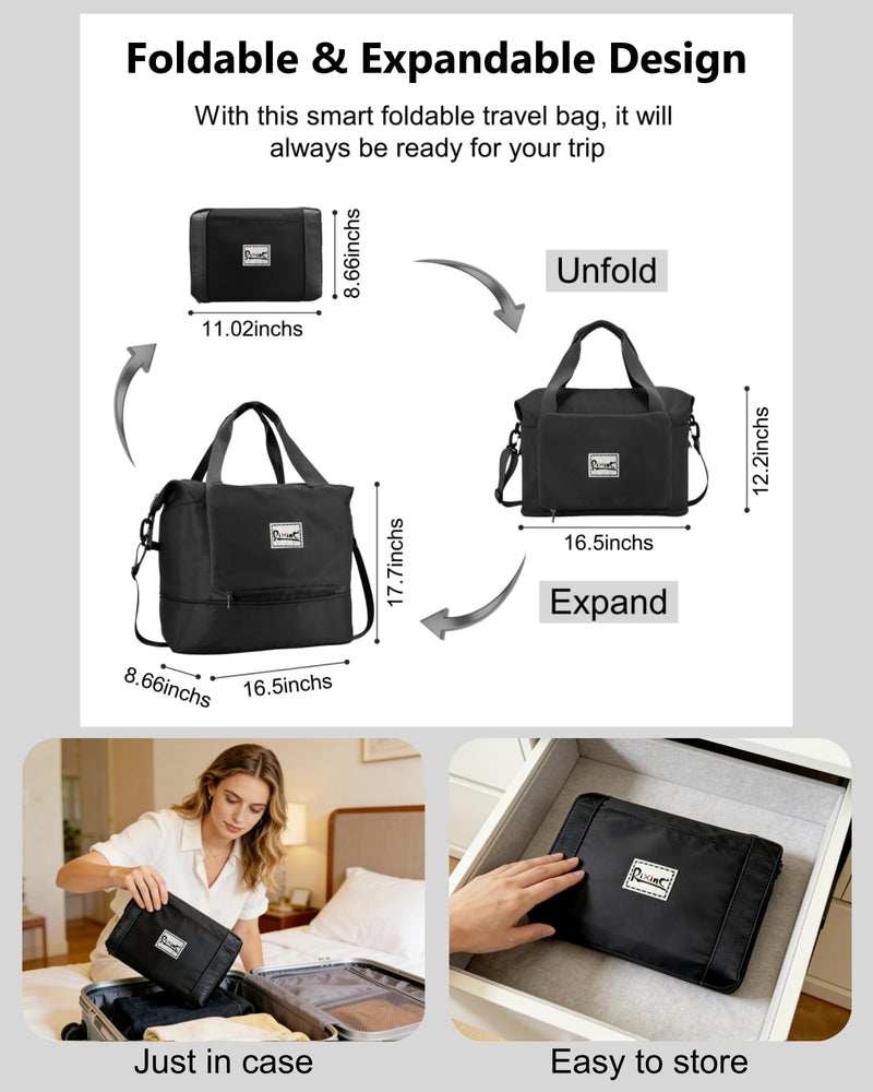 Foldable Travel Duffel Bag for Women, Black | 40L Expandable Carry on Bag Personal Item Flight Approved Lightweight Water Resistant Overnight Weekender Bag, Nylon