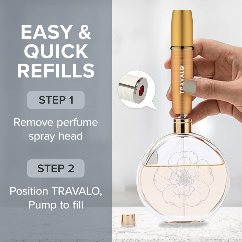 Travalo LUX Perfume Atomizer Bundle - Leak-Proof and TSA Approved for Air Travel - Reusable, Easy Fill Mini Pump Sprayer - Lightweight, Brushed Polished Metal - Gold, Black, Silver - 3 Pack Multi-color 0.2 Ounces (3 Pack)