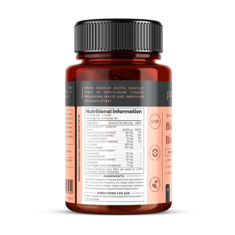 400% Strength Biotin 40,000mcg x 90 Caplets – BioVOL²® Liposomal Biotin Complex | with Marine Collagen, Keratin, Vitamin C & More | 3 Months Supply 90 count (Pack of 1)