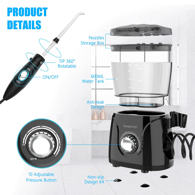 [Australia] - Sawgmore Electric Oral Irrigator with 10 Pressure Levels and 8 Nozzles, Professional Water Flosser for Dental Cleaning, 600ML Water Tank, Perfect for the Family Black 