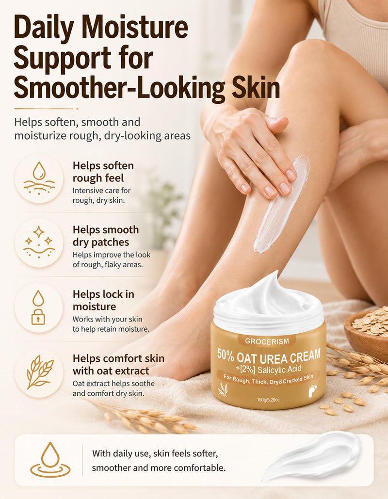 Grocerism 50% Oat Urea Foot Cream Maximum Strength, 5.29 oz, Pack of 2 | 2% Salicylic Acid + Oat, Softens Dry, Rough, Callused Heels and Hands with Hyaluronic Acid, Tea Tree and Aloe Vera Oat-Mild 5.29 Ounce (Pack of 2)