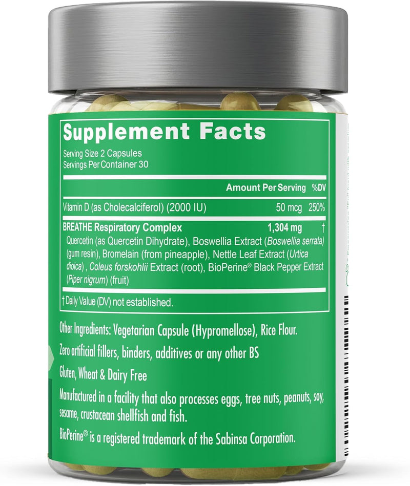 Breathe Inhaler Support Supplement - Sinus, Lungs, Open & Clear Airways - Seasonal Nasal Health, Bronchial Wellness, Healthy Chest - Quercetin, Vitamin D, Bromelain Pills - 120 Vegetarian Capsules 60 Count (Pack of 2)