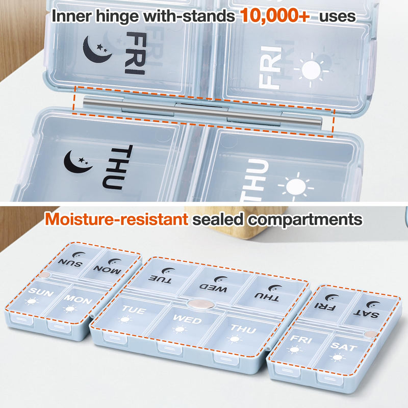 FYY Weekly Pill Organizer 2 Times a Day, Travel Pill Box 7 Day -Blue | AM PM Pill Case,Easy to Use,Privacy Protection,Magnetic Medicine Pill Organizer for Medication,Vitamins,Fish Oils,Supplements Blue Closed size: 4.9 x 3.9 x 1.2 Inch