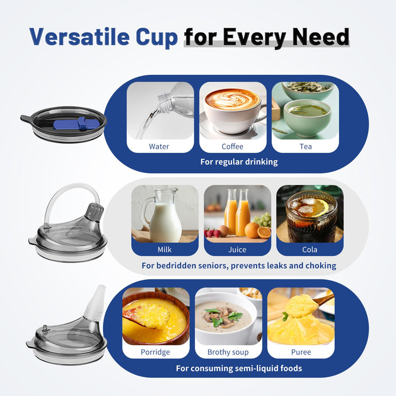 [Australia] - Adult Sippy Cup, 14oz Spill Proof Cup with Straw for Elderly, 3 in 1 Stainless Steel Sippy Cup with 2 Lids, No Spill Feeding Cups for Patient Disabled Maternity Drink Water Milk Soup - Blue 