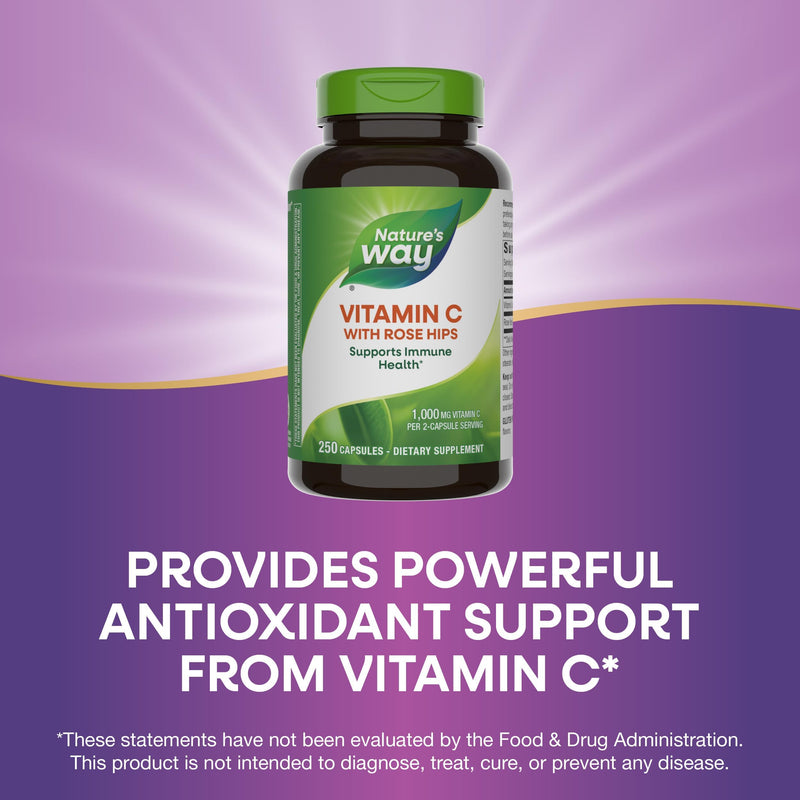 Nature's Way Vitamin C with Rose Hips - High-Potency Vitamin C for Immune System & Antioxidant Support* - Supports Collagen Production for Healthy Skin* - Gluten-Free - 250 Count (125 Servings, 2-Pk) 500 Count (Pack of 1)