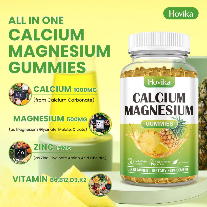 Calcium Magnesium Zinc Gummies, Calcium Magnesium 2:1 Ratio with Vitamin D3, K2, B6, B12 for Bone Strength, Muscle Function & Nerve Health, Extra Absorption Formula, Vegan, Pineapple Flavor 60 Gummies 60 Count (Pack of 1)