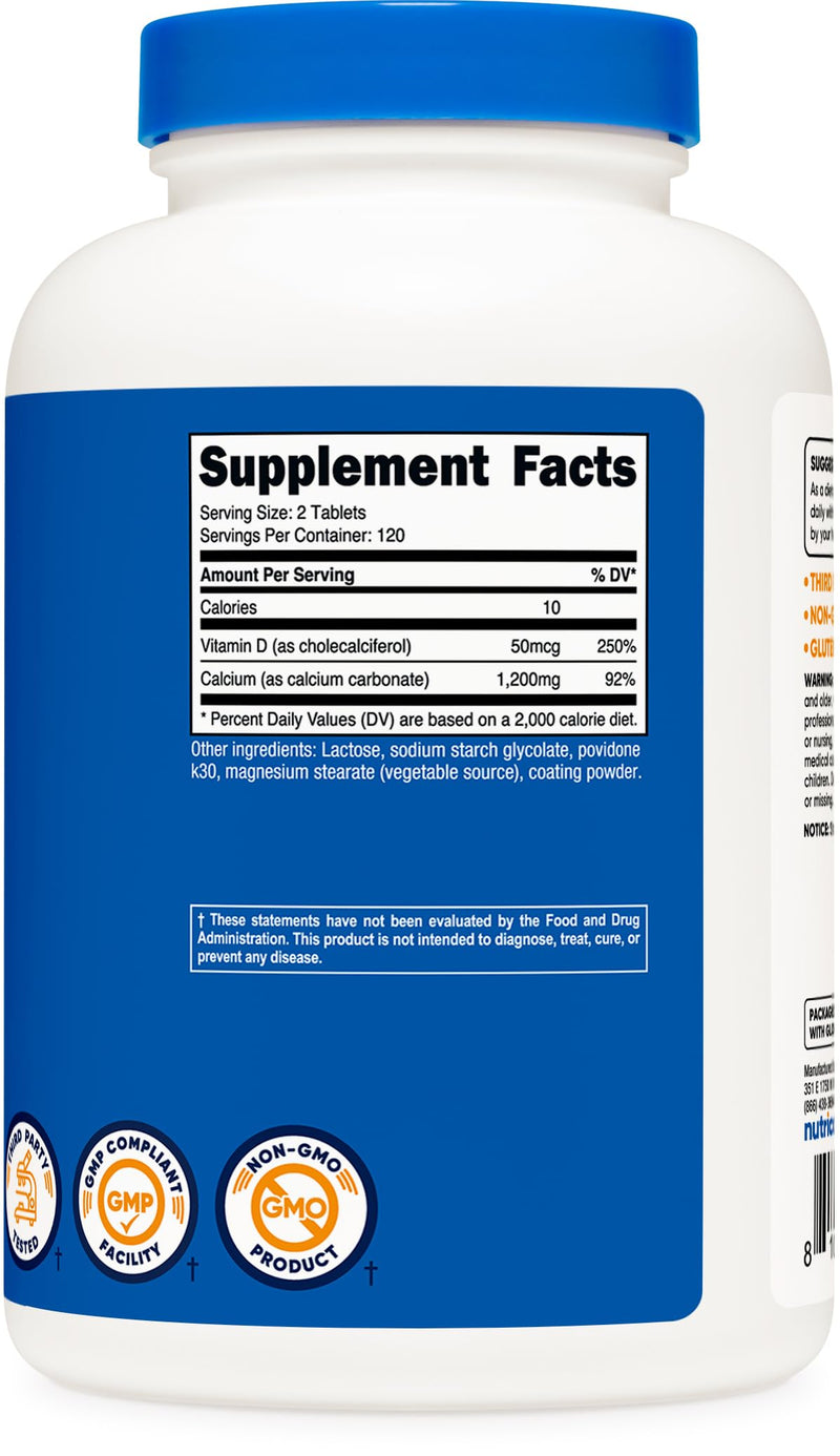 Nutricost Calcium with Vitamin D, 240 Tablets - Calcium (1200mg) Vitamin D (50mcg) Per Serving - Non-GMO, Gluten Free No Flavor Added 240 Count (Pack of 1)